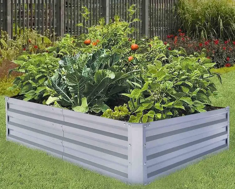 A small raised garden bed filled with a variety of vegetables including ripe tomatoes and leafy greens, bordered by colorful flowers.