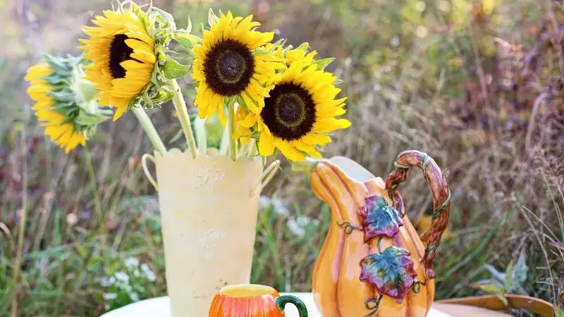 A bouquet of bright sunflowers in a yellow vase, illustrating ways to make sunflowers stand up in vase.