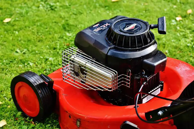 Accidentally Put Gas In Oil Tank Of Lawn Mower? Read This! 1 Red lawn mower on green grass showcasing its engine and wheels.