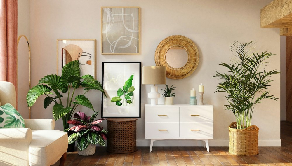 Serene living room with white dresser, indoor houseplant pots, mirrors, art, and comfy chair.